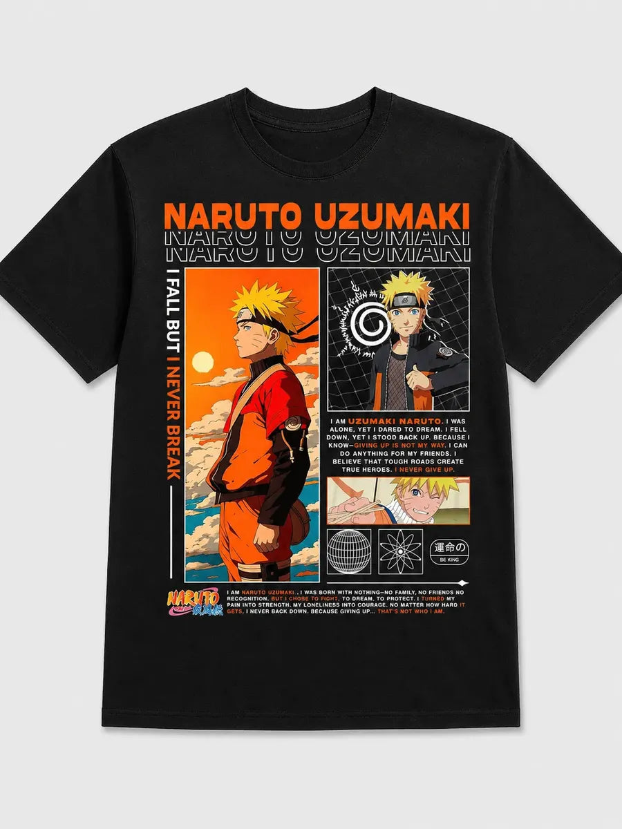 Camiseta Naruto Uzumaki Negra Unisex I Never Break Anime
