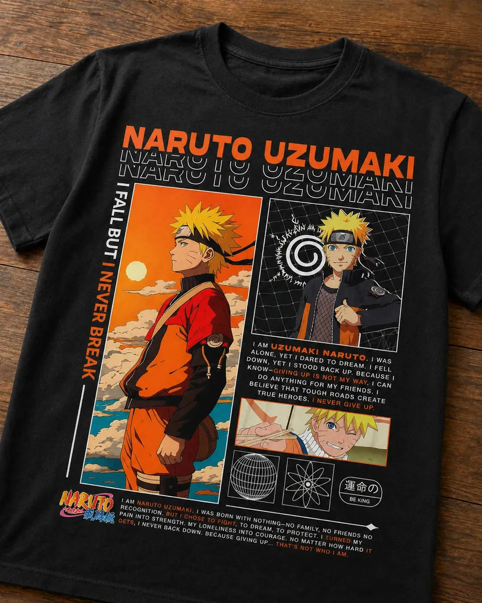 Camiseta Naruto Uzumaki Negra Unisex I Never Break Anime