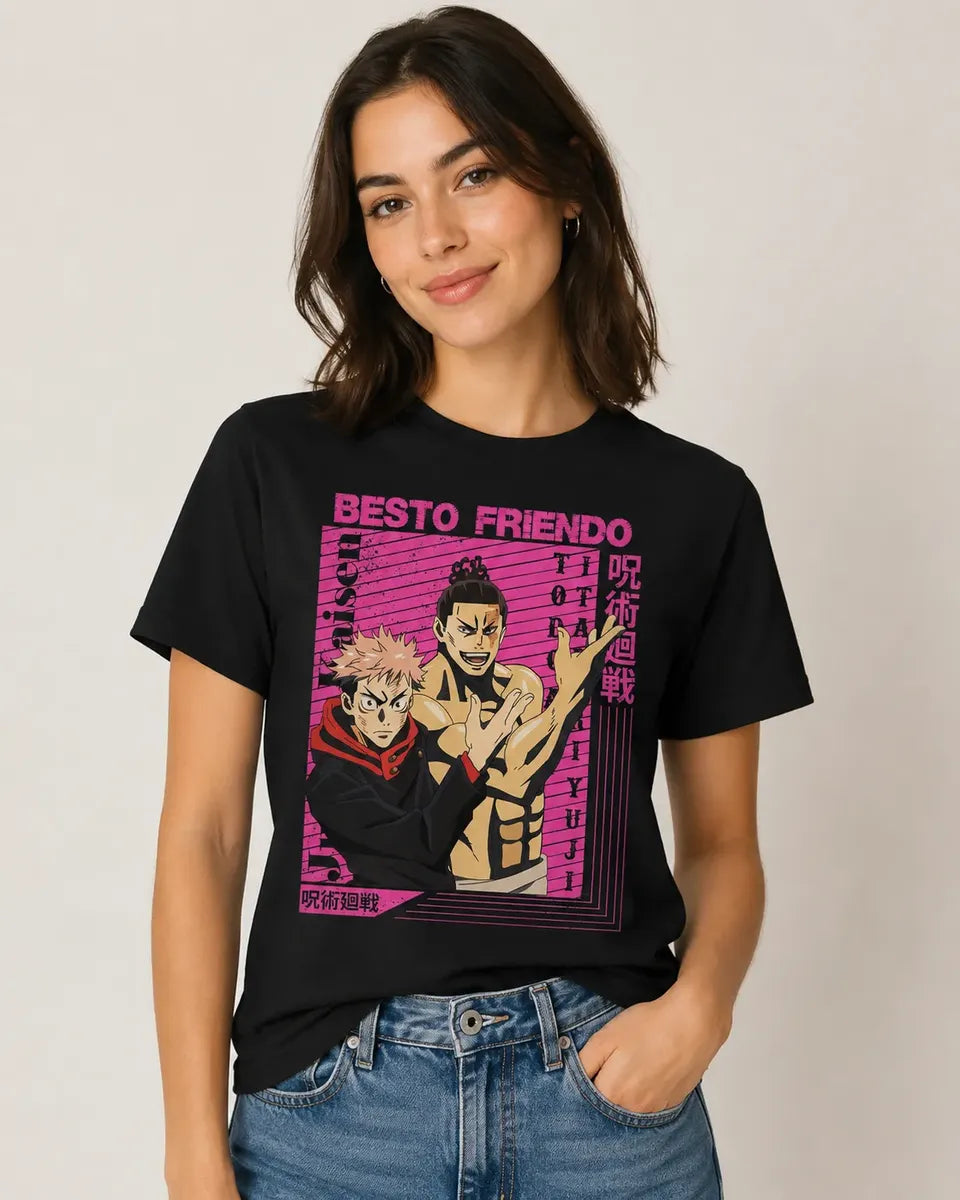 Camiseta Anime Jujutsu Itadori Todo Negra Algodón