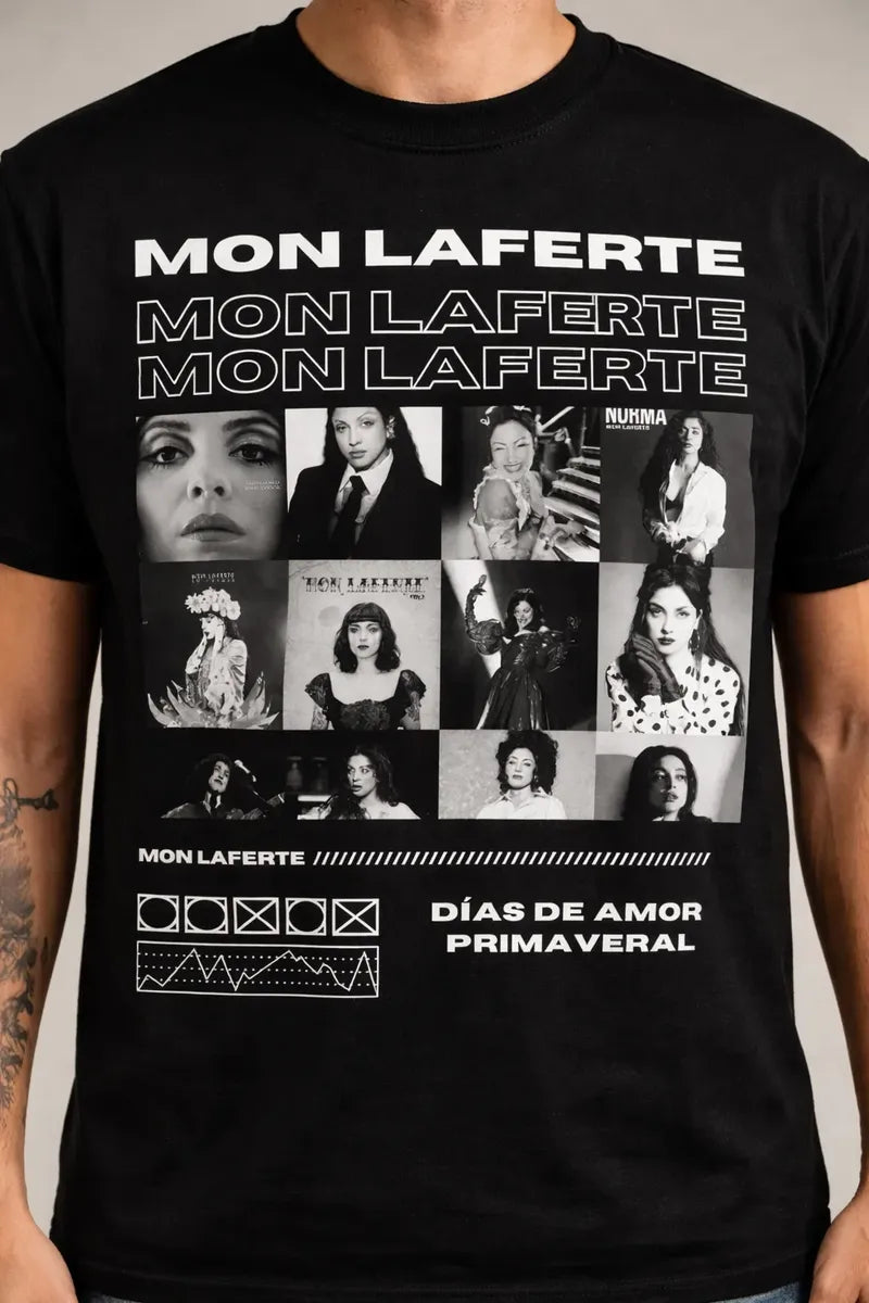 Camiseta Mon Laferte Negra Unisex Collage Dias De Amor Prima